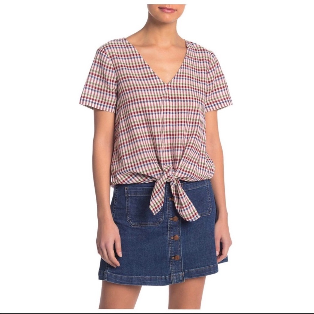 Madewell Tie Front Top Red blue Gingham size XL